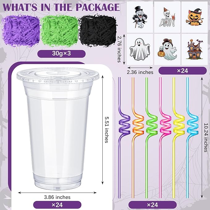 Qinyoung 24 Set Creative Halloween Classroom Favor Trick or Treat Plastic Cup with Lid Colorful Straw Sticker and Raffia Treat Loot Bag Set for Kid Student Halloween Party Favor School Class Gift Idea
