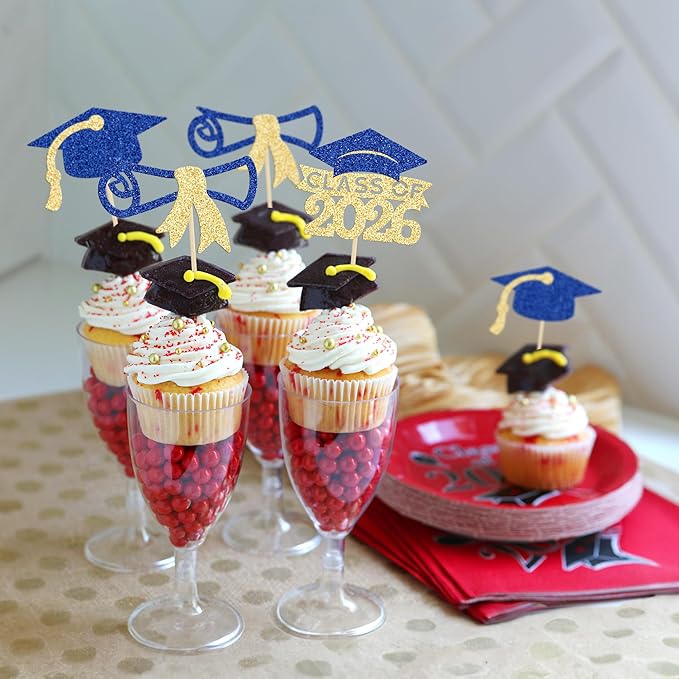 Gyufise 24Pcs 2026 Graduation Cupcake Toppers Glitter Class of 2026 Cupcake Picks Diploma Graduation Cap Cake Decorations for Theme Party Supplies Gold Blue