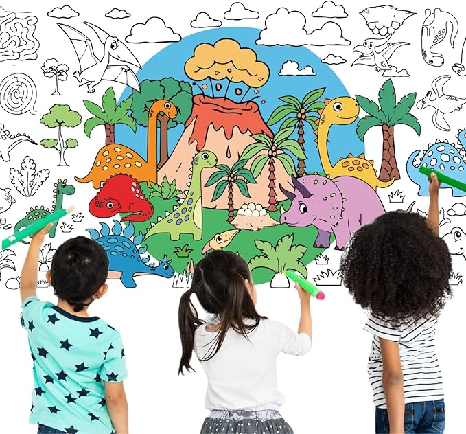 30x72 Inches Dinosaurs Giant Coloring Poster, Birthday Gift for Kids, Versatile Classroom Wall Décor & Birthday Activity, Dinosaur Poster/Table Cover for School Parties and Special Events