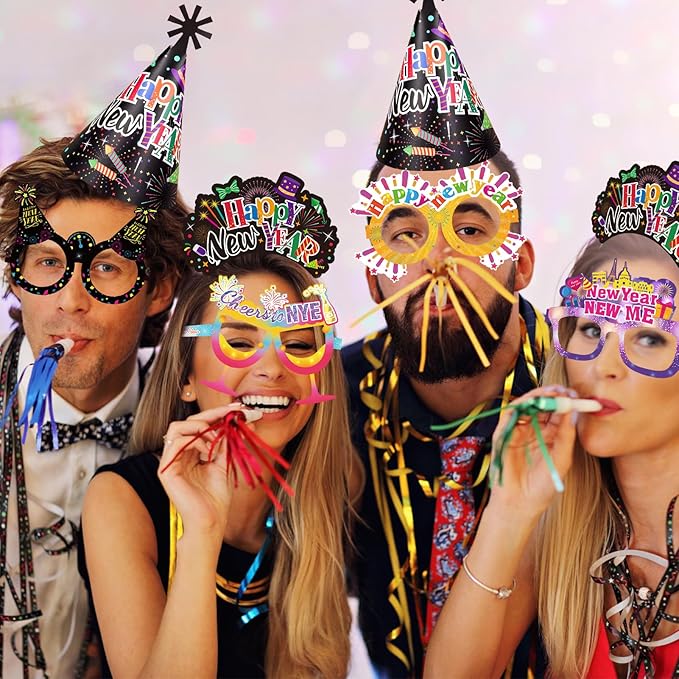 HOWAF 2026 New Year Eve Party Supplies, Happy New Year Tiaras Headband, 2026 New Year Glasses Top Hats Fringed Noisemaker and Necklace, Black and Colorful New Year's Eve Party Favors