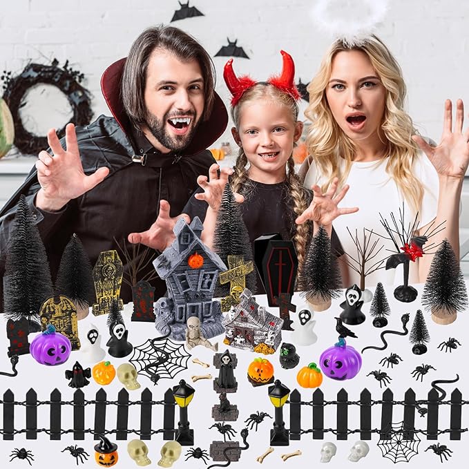 88 PCS Halloween Village Accessories Set Halloween Haunted Houses Village Miniatures Ornaments with Pumpkins Ghost Tombstones Tree Fake Spiders Fence Streetlamp Figurines for Party Home Table Decor