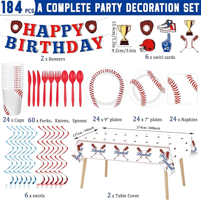 184 PCS Baseball Birthday Party Decorations Pack Baseball Party Supplies Tableware Set Including Happy Birthday Banner, Plates and Napkins, Knives, Forks, Cups, Swirls, Tablecloth for Baseball Party