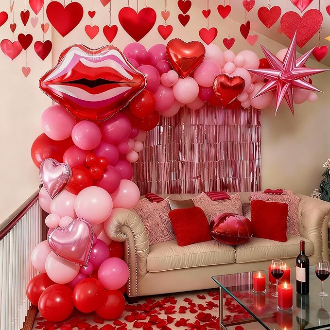 Valentines Day Balloon Arch Kit Hot Pink Red Balloon Garland with Lip Heart Star Foil Balloons Rose Red Baby Light Pink Galentines Party Decorations for Proposal Engagement Wedding Mothers, 97Pcs