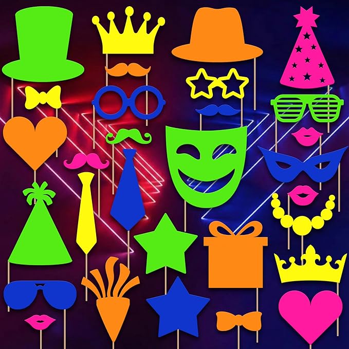 KatchOn, Glow in The Dark Photo Booth Props – Pack of 30 | Neon New Years Photo Booth Props, New Years Eve Party Supplies 2026 | Glow in The Dark Party Supplies | Neon Birthday Party Decorations