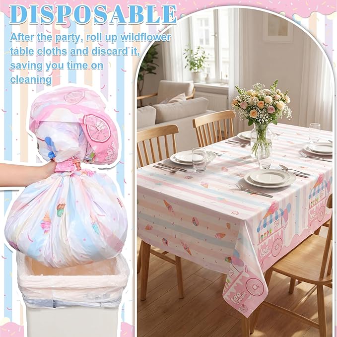 3 Pack Ice Cream Tablecloths Party Decorations, 54 x 108 Inch Disposable Ice Cream Birthday Themed Table Cloth Waterproof Rectangle Party Table Cover for Kids Sweet One Birthday Baby Shower