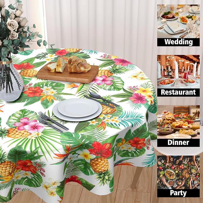Summer Tropical Pineapple Round Tablecloth 60 Inch Green Hawaiian Palm Leaf Circle Table Cloth Floral Table Cover Washable Polyester Decorations for Kitchen Dinning Room Party
