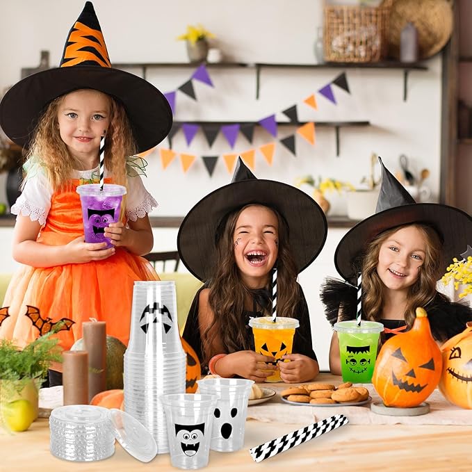 Whaline 60Pcs Halloween Disposable Plastic Cups with Lids and Straws 12oz Vampire Monster Ghost Pumpkin Cold Beverage Drinking Cups for Birthday Party Favors