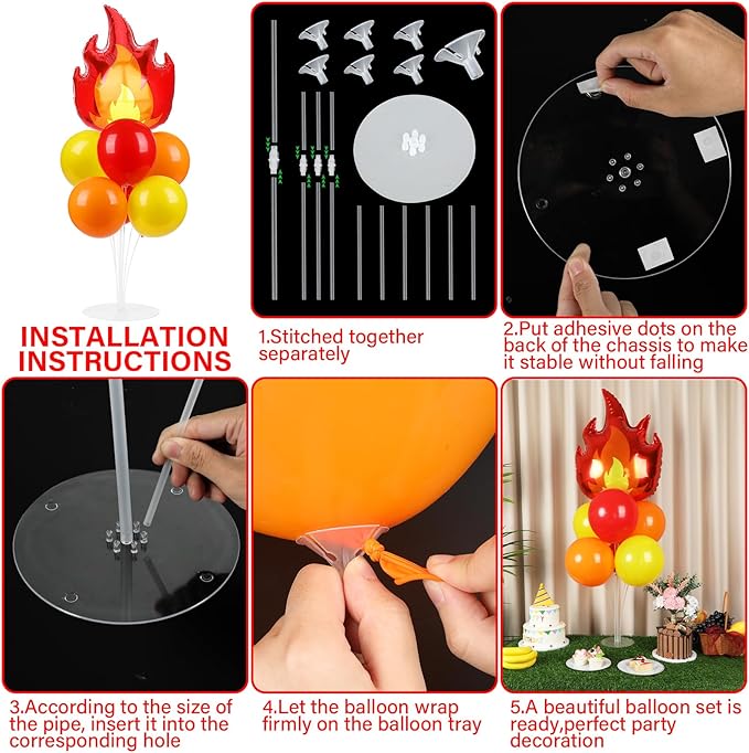4 Sets Fire Party Balloons Stand Kit with Flame Fire Truck Foil Balloons Orange Yellow Red Party Balloon Centerpiece for Tables for Fireman Firefighter Rescue Themed Birthday Decorations