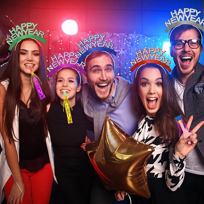 Openfly New Years Eve Party Supplies 2026 Happy New Year Headband Tiara New Year Fringed Noise Makers Party Favors