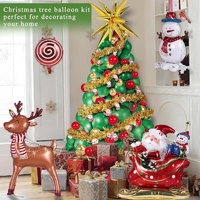 193 PCS Christmas Balloon Garland Arch Kit, Christmas Tree Balloons, Christmas Tree Snowman, Deer, Sled Aluminum Foil Balloons Santa Claus Hanging Decoration for Christmas Party
