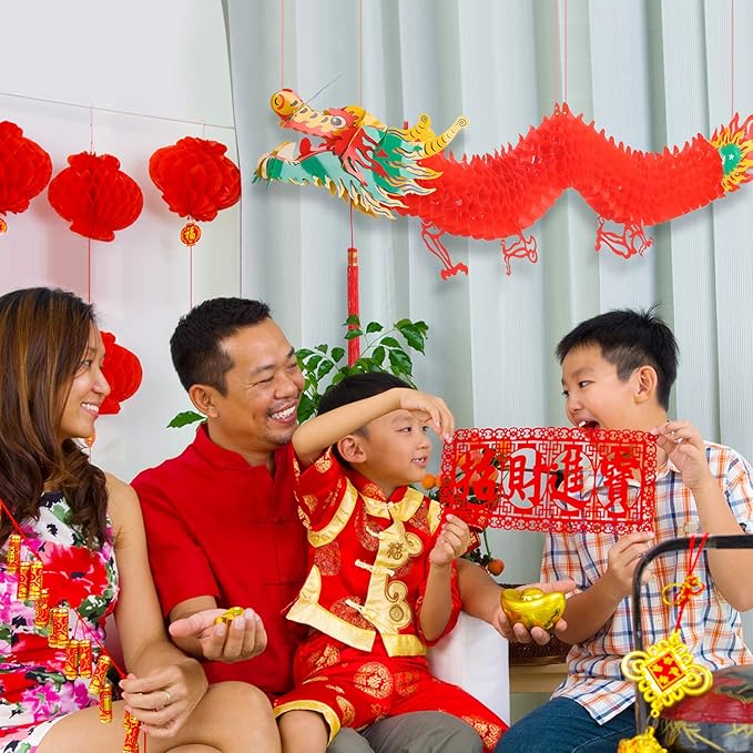 Bememo 6.6 Feet 3D Chinese New Year Dragon Decorations Hanging Paper Dragons Garland Lunar New Year Chinese Spring Festival Lantern Festival Decorations
