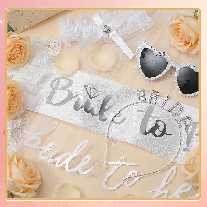 6 Pack Bachelorette Party Accessories with Heart Sunglasses Bride to Be Headband Sash and Veil White Lace Garters and Gloves for Bride Wedding Bridal Shower Bachelorette Party Favors