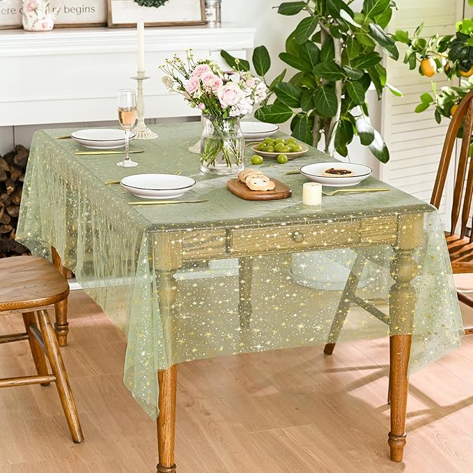 Horaldaily Sage Green Gold Sparkling Star Gauze Tablecloth 60x120 Inch Rectangular, Golden Star Sequin Glitter Metallic Foil, Sheer Tulle Cheesecloth for Wedding Baby Shower Party