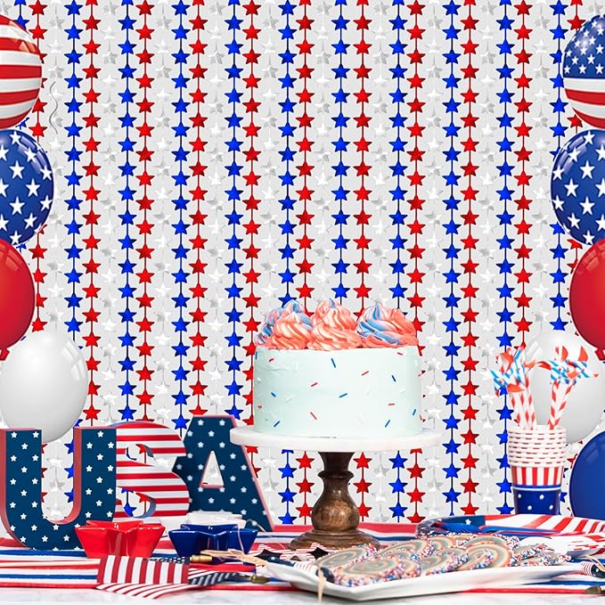 4th of July Decorations 3 Pack Foil Fringe Garland Tinsel Curtains, Red White Blue Hanging Fringe Backdrop Banner, Photo Booth Prop for Patriotic Party Decor (Star 3)