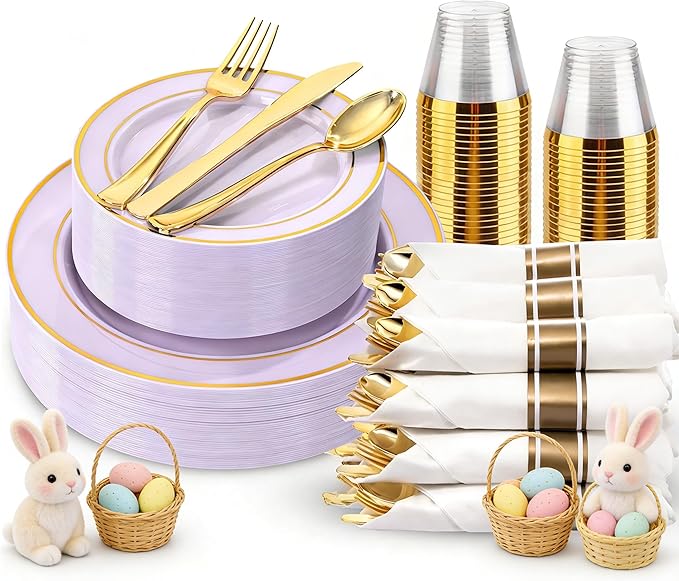 175PCS Purple Plates Disposable - Lavender Plastic Plates 25Guests Plastic Dinnerware with Rolled Napkins for Birthday/Spring/Baby Shower/Easter
