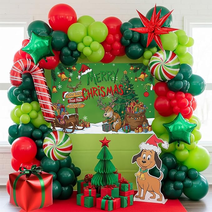 Christmas Balloon Garland Arch Kit with backdrop Xmas Red Green Balloons Candy Cane Gift Box Star Foil Balloons for Christmas New Year Birthday Party Decorations (Red Green)