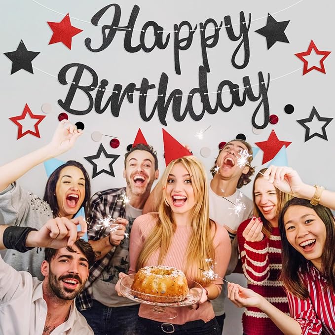 Pre-Strung Happy Birthday Banner, NO DIY Birthday Decorations with Circle Dot Garland，Happy Birthday Party Decorations for Women Men Girls Boys (Red Black)