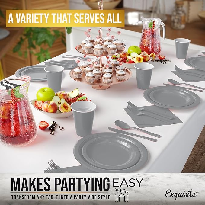 222 Pcs Silver Paper Plates and Napkins Sets, Disposable Plates For Party, Lunch & Cocktail Napkins Paper, 18oz Plastic Cups, Cutlery and Silver Table cloth Plastic Dinnerware Set