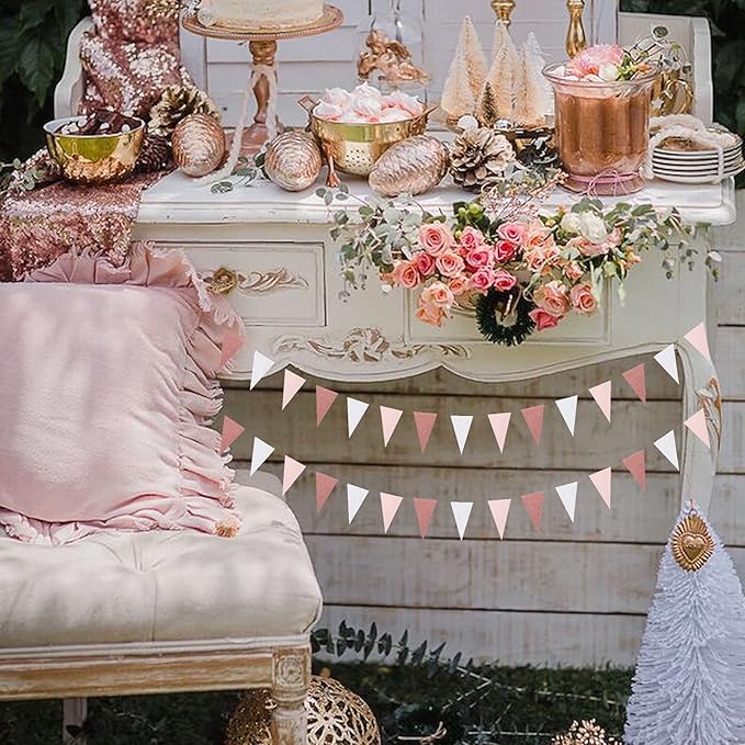 Pink-White Rose-Gold Party Decorations Banner - 2 Pack Valentines Mothers Day Engagement Baby Bridal Shower Paper Pennant Triangle Flags,Girl Birthday Bachelorette Wedding Bunting Lasting Surprise