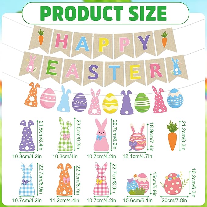 Happy Easter Banner Decorations - 13 Pcs Colorful Pre-strung Bunny Egg Banners Garland Hanging Swirls Set Spring Party Supplies Favors for Home Office Inside Fireplace Wall Ceiling Decor