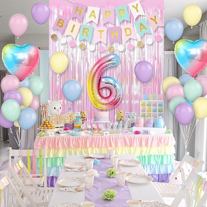 6th Birthday Decorations Rainbow,Gradient Number 6 Balloon,Pastel Happy Birthday Banner Fringe Curtain Heart Foil Balloons Boys Girls 6 Year Old Decor