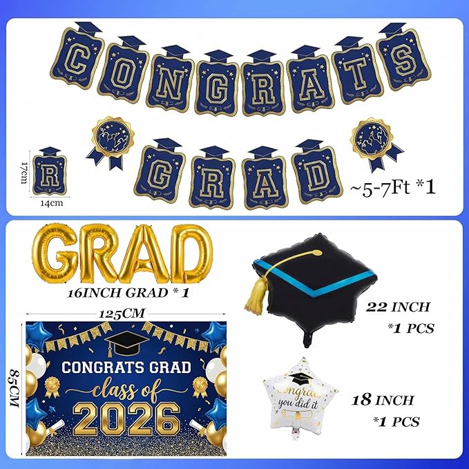 Night Blue Gold Balloons GRAD Print Balloons with Banner Table Honeycomb Centerpieces Hanging Swirl backdrop Stars Graduation Cap GRAD Letters Mylar Balloons for 2026 graduate Prom Decorations