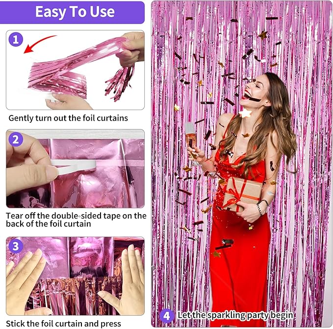 Pink Backdrop Birthday Party Decorations 3.3x8.2ft, 2 Pack Tinsel Foil Fringe Curtains for Valentines Day, Door Streamers for Galentines Easter Mother's Day Friendsgiving Barbie Princess Wedding