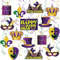 Mardi Gras Hanging Swirls, 45Pcs Happy Mardi Gras Ceiling Streamers Swirl Hanging Crown Mask Decorations for Masquerade New Orleans Party Suppies