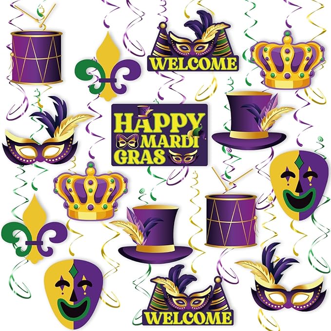 Mardi Gras Hanging Swirls, 45Pcs Happy Mardi Gras Ceiling Streamers Swirl Hanging Crown Mask Decorations for Masquerade New Orleans Party Suppies