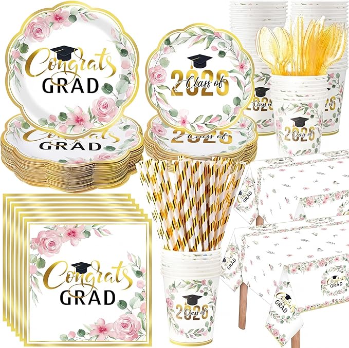 452 Pcs Class of 2026 Pink Graduation Party Decoration for 50, Pink Floral Leaf Congrats Grad Paper Plates Napkins Cup Tablecloth Cutlery Straw for College High School Grad Party Supply
