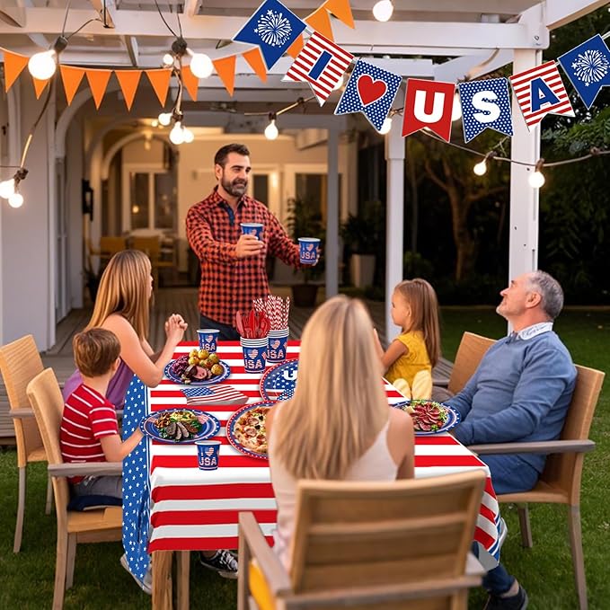 4th of July Decorations,194Pcs 4th of July Party Supplies Set,Patriotic Decor for Independence Day Includes Plates,Napkins,Cups,Banner,Tablecloth,Knives,Forks,Spoons and Straws (Serves 24)
