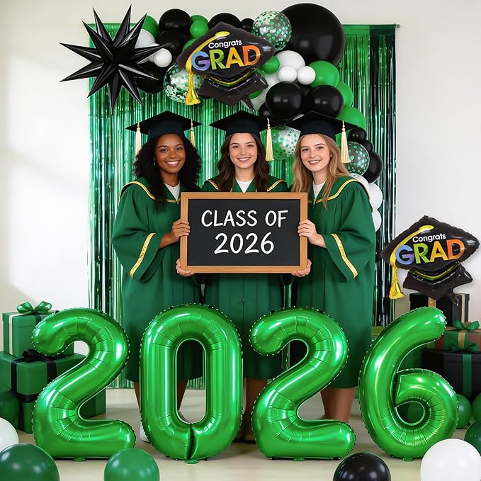 Graduation Balloons Garland Arch Kit, Graduation Balloon Class of 2026, Green and Black White Balloons with Foil Balloon for Class of 2026 Party Decor