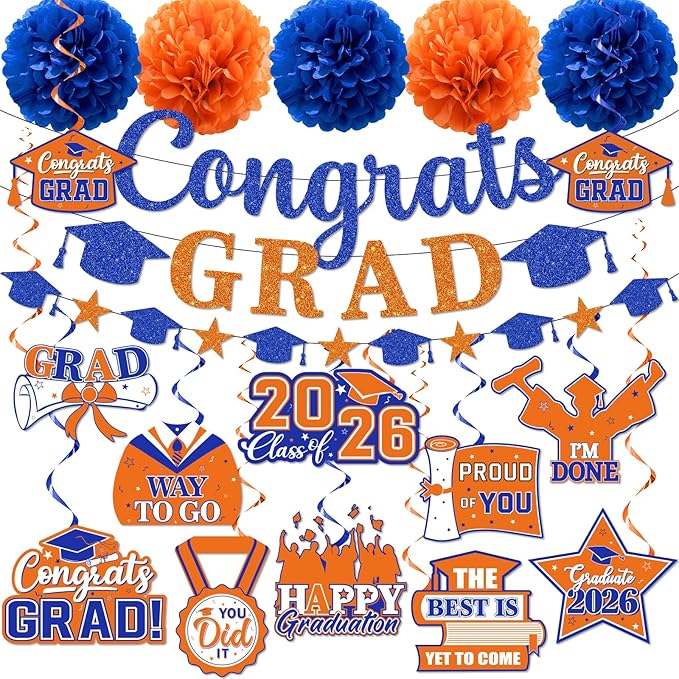 Orange and Blue Graduation Decorations, Glitter Congrats Grad Banner Hanging Swirls and Tissue Pom Poms, Blue and Orange Graduation Decorations for College Graduations Party Decorations Class of 2026