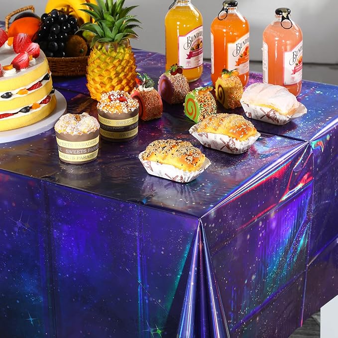 3Pcs Iridescent Space Tablecloths, Disposable Plastic Purple Galaxy Table Cloth Rectangle Table Covers for Space Starry Night Star Theme Party Birthday Party Decorations, 54x108 Inch