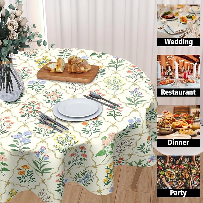 Spring Floral Round Tablecloth Wildflower Circle Table Cloth 60 Inch Beige Vintage Rustic Farmhouse Table Cover Washable Polyester Indoor for Home Kitchen Dinning Party Decor