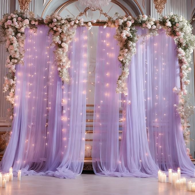20×10ft Purple Tulle Backdrop Curtain with Lights String for Parties, Sheer Photo Backdrop Curtains for Wedding Party Photography Background