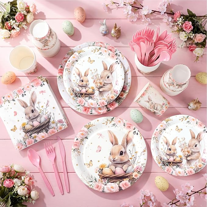 400 Pcs Easter Paper Plates Napkins Cups Set for 50 Guest, Pink Floral Easter Party Supplies Decoration Spring Bunny Egg Disposable Tableware Set for Baby Shower Wedding Birthday Decoration