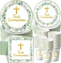 Pickmesh 250 Pcs Green First Holy Communion Disposable Tableware Set God Bless Baptism Disposable Paper Plates Napkins and Cups for Christening Celebration Baby Shower Religious Supplies Serve 50