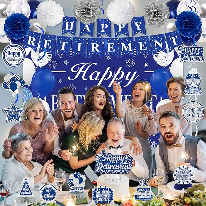 Retirement Party Decorations for Men Women Blue Silver Happy Retirement Banner Backdrop Balloons Paper Pompoms Honeycomb Centerpiece Cake Topper Hanging Swirl Set