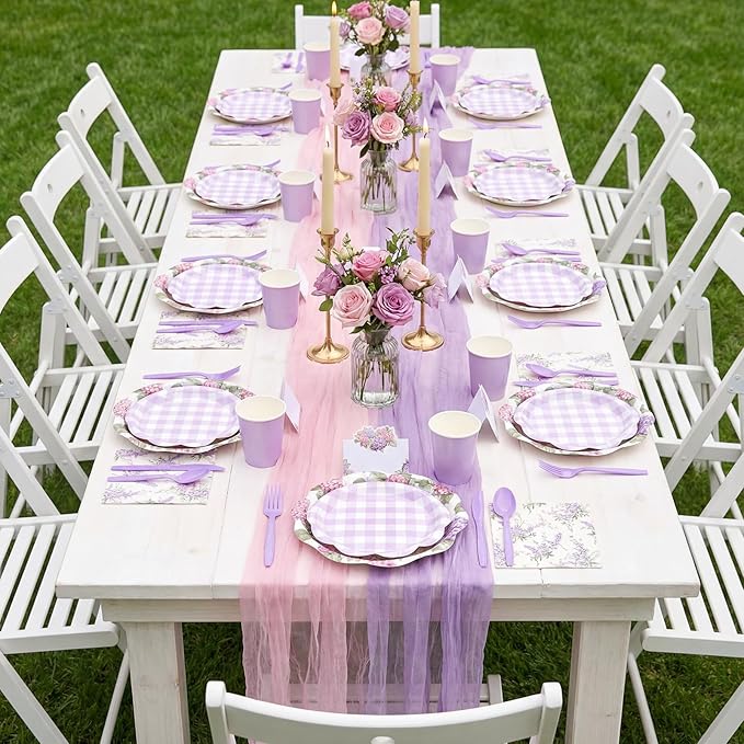 Shellwei 410 Pcs Purple Hydrangea Tea Party Decorations Elegant Floral Paper Plates and Napkins Set Disposable Party Tableware Sets with Cups Knives Forks Spoons Seat Card Favors for 50 Guests