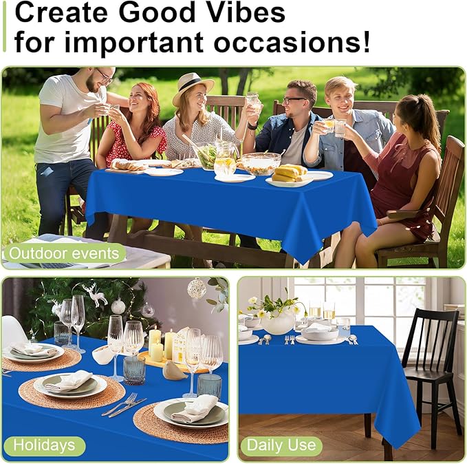 QIKSION Blue Plastic Table Cloth Disposable 3 Pack, 54 x 108 Inch Tablecloths for Patriotic Decorations, Birthday Party, Rectangle Table Cover