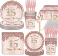 121Pcs 15th Birthday Party Supplies Plates Napkins Cups Forks Tablecloth Rose Gold Happy 15th Birthday Themed Disposable Tableware Decorations Serves 24 Guests for Girls 15 Years Birthday Decor
