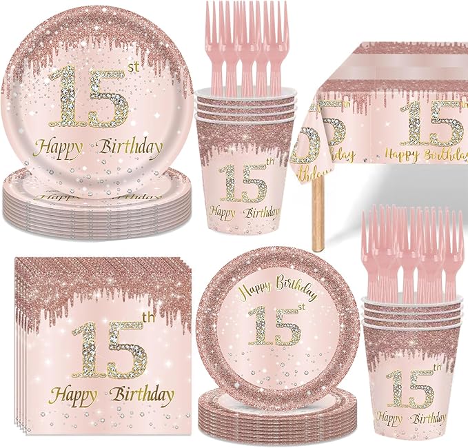 121Pcs 15th Birthday Party Supplies Plates Napkins Cups Forks Tablecloth Rose Gold Happy 15th Birthday Themed Disposable Tableware Decorations Serves 24 Guests for Girls 15 Years Birthday Decor