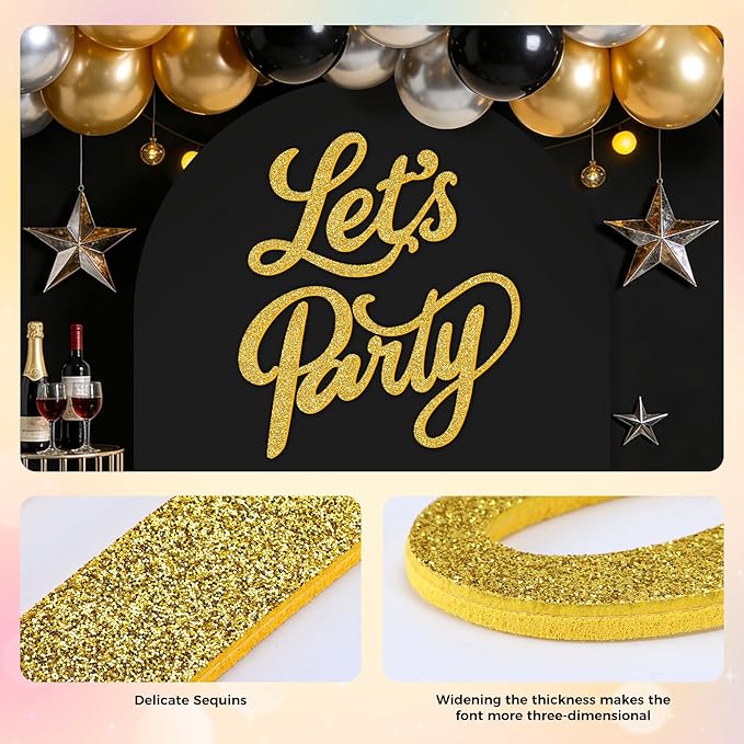 Babenest Let's Party Felt Sign, Gold Reusable Glitter Letter Banner for Backdrop, Balloon Arch Decor, Party Supplies for Graduation, Birthday, Wedding, Bachelorette, Christmas, Home Bar, Man Cave Wall Decorations