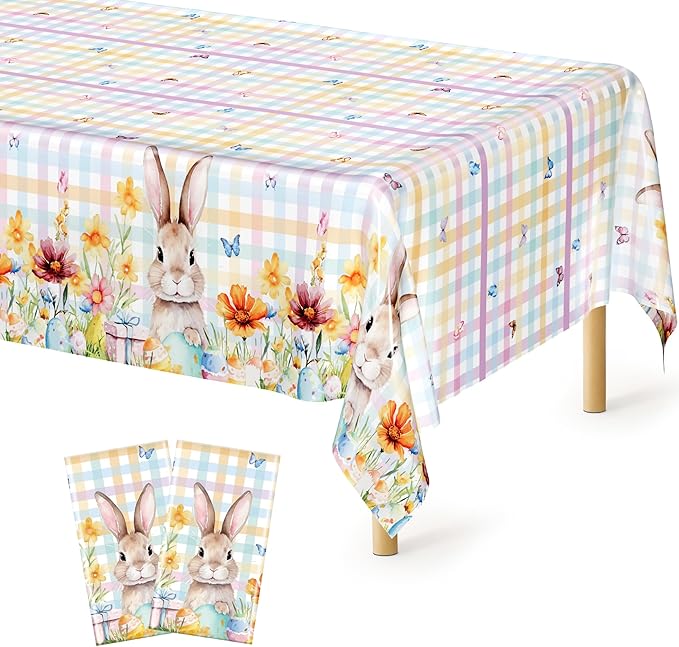 QZYL 2 Pack Easter Tablecloth Disposable, 54" x 108" Easter Decorations for Table, Plastic Table Cloths with Colorful Eggs Bunny Flower, Rectangular Spring Tablecloths for Party Decorations Supplies