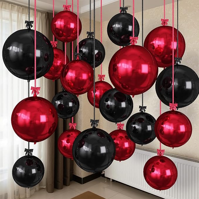 Togvu Black Burgundy Round Foil Balloons, 16PCS Different Sizes 4D Black Balloon Maroon Large Mirror Ball Balloons for Prom Graduation New Year Halloween Birthday Party Ceiling Decorations Supplies