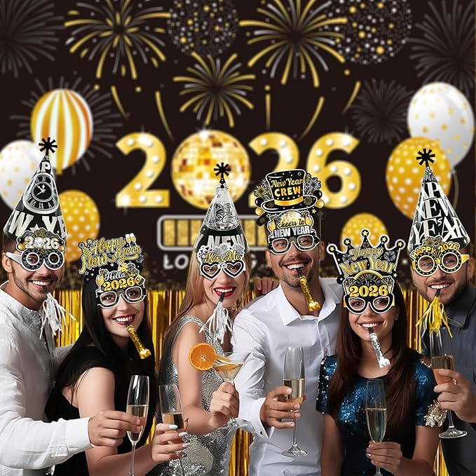 New Years Eve Party Supplies 2026, 42pcs Happy New Year Party Favors Set- New Years Paper Hats, 2026 New Year Headband, Eyeglasses, Blowouts for New Year's Eve Party