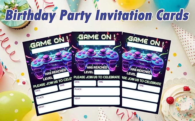CLIRBE Games Birthday Party Invitations, Glow Neon Game On Birthday Invitations For Brother Bro Teen Boys Girls, 20 Invites Cards With 20 Envelopes, Party Supplies Favors -H11