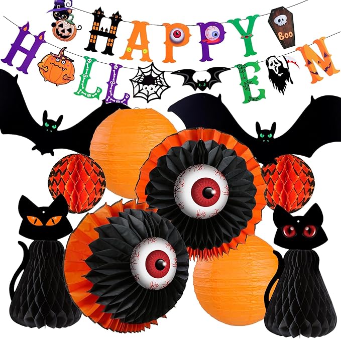 UNIQOOO Halloween Paper Lantern Decorations Set, 11 Pieces with Black Cat, Eyeball, Bat Designs and Banner, Indoor Party Props, 6"-12"