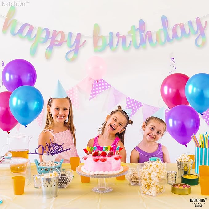 KatchOn, Pre-Strung Iridescent Happy Birthday Banner - 10 Feet | Iridescent happy Birthday Sign for Holographic Happy Birthday Decorations | Mermaid Birthday Decorations | Iridescent Party Decorations